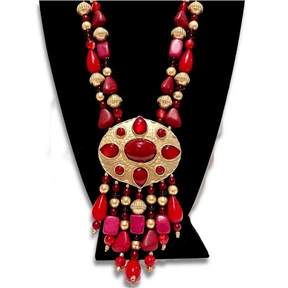 CHICO’s 35th Anniversary Merlot Red & Gold Statement Necklace | NWT | MSRP $119 - Picture 4 of 10